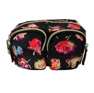 Betsey Johnson Small Makeup Bag Clutch Faux Leather Black Floral Cosmetic